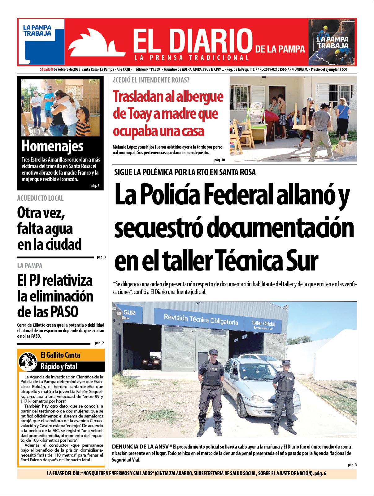 Tapa de El Diario en papel  saacutebado 08 de febrero de 2025